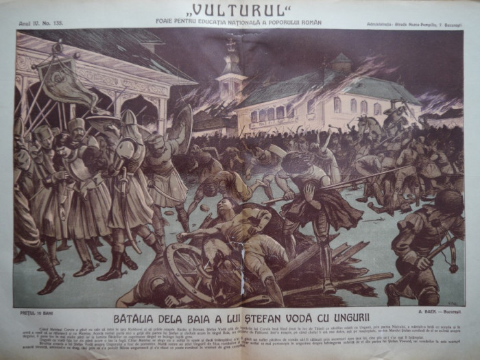 Ziarul Vulturul , nr. 135 din 1909 , cromolitografie mare ; Batalia dela Baia