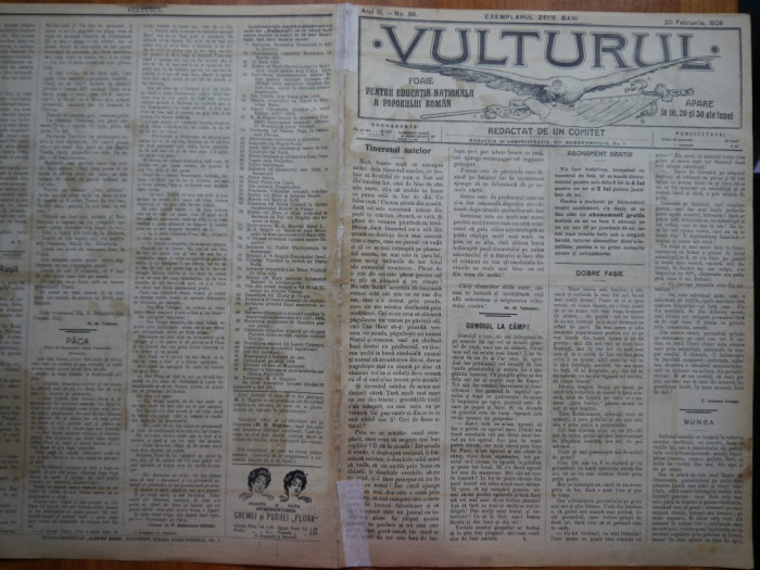 Ziarul Vulturul , nr. 96 din 1908 , cromolitografie mare ; Penes Curcanul