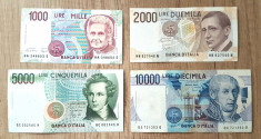 Lot 4 bancnote Italia 1000 lire 2000 lire 5000 lire 10.000 lire foto