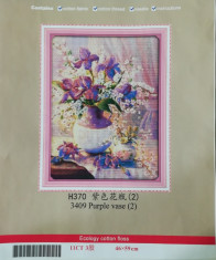 Kit goblen imprimat - Vaza cu flori violet. Cu diagrama si fire mouline foto