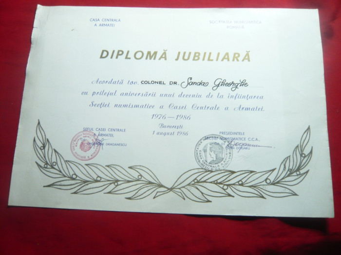 Diploma Jubiliara - 10 Ani Sectia Numismatica a CCA 1986