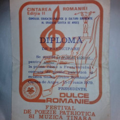 DIPLOMA Cantarea Romaniei,Festival poezie patriotica si muzica,RSR,1979,C.ARGES