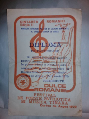 DIPLOMA Cantarea Romaniei,Festival poezie patriotica si muzica,RSR,1979,C.ARGES foto