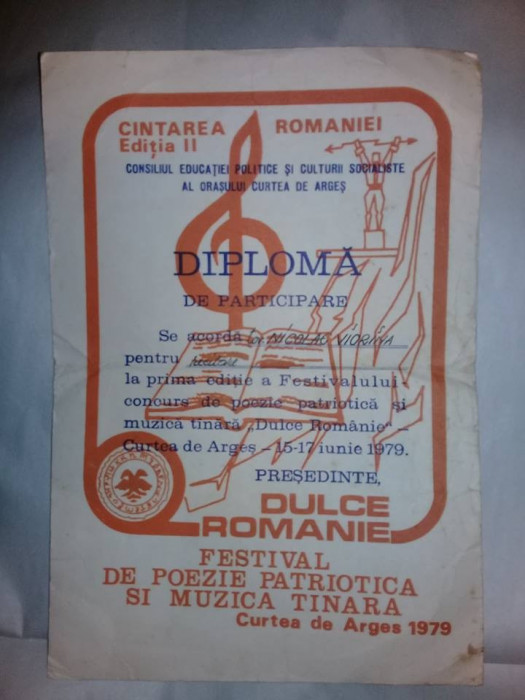 DIPLOMA Cantarea Romaniei,Festival poezie patriotica si muzica,RSR,1979,C.ARGES