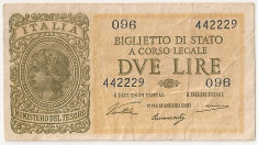 ITALIA BIGLIETTO DI STATO 2 LIRE 1944 VF foto