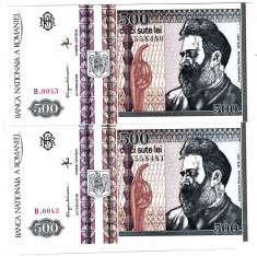 Lot 2 bancnote 500 lei Brancusi decembrie 1992 filigran lateral UNC serii cont. foto