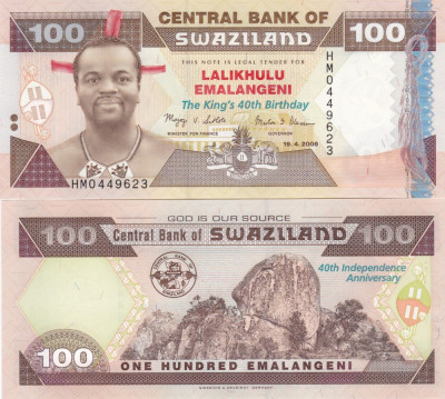 Swaziland 100 Emalangeni 2008 Comemorativa UNC foto