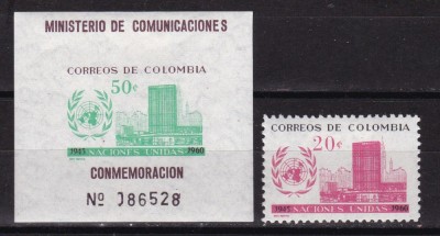 Columbia 1960 aniv. ONU MI 953 + bl.21 MLH foto