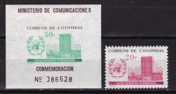 Columbia 1960 aniv. ONU MI 953 + bl.21 MLH