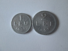 Lot 2 monede Romania:1 Leu+2 Lei aluminiu 1951 foto