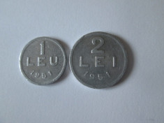 Lot 2 monede Romania:1 Leu+2 Lei aluminiu 1951 foto