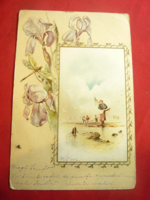 Felicitare -Flori cu relief pe chenar si peisaj-La pescuit de scoici 1902cu Spic foto