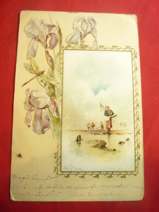 Felicitare -Flori cu relief pe chenar si peisaj-La pescuit de scoici 1902cu Spic