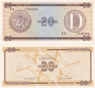 Cuba 20 Pesos Exchange Cerificate Seria D UNC foto