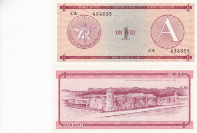 Cuba 1 Pesos Exchange Cerificate Seria A UNC foto