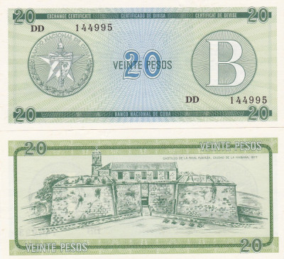 Cuba 20 Pesos Exchange Cerificate Seria B UNC foto