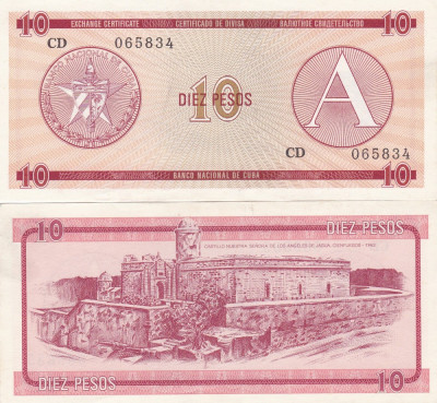 Cuba 10 Pesos Exchange Cerificate Seria A UNC foto