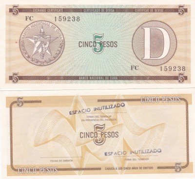 Cuba 5 Pesos Exchange Cerificate Seria D UNC foto
