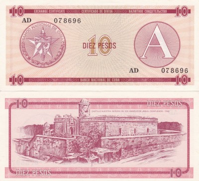 Cuba 10 Pesos Exchange Cerificate Seria A UNC foto