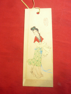 Semn de carte vechi- China cu acuarela -femeie in costum popular ,L=14 cm foto