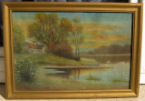 Tablou Peisaj de vara pe lac pictura ulei 43x61cm, Peisaje, Realism