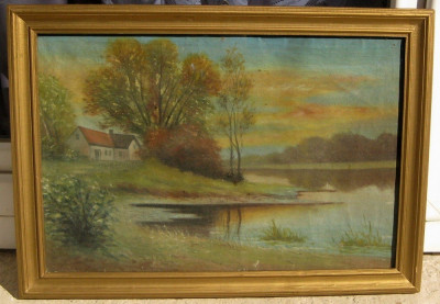 Tablou Peisaj de vara pe lac pictura ulei 43x61cm foto
