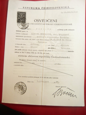 Fotocopie -Act de Naturalizare a unui cetatean roman in Cehoslovacia 1937 la Con foto