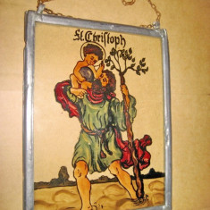 9708-Aplica St. Christofer pictata pe sticla cu plumb lateral stare buna.