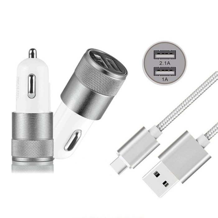 Duo 2.1A/1A Adaptor Auto + cablu USB tip C USB-C Culoare Argint Duo 2.1A/1A Adaptor Auto + cablu USB tip C USB-C Culoare Argint