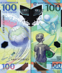 Rusia 2018 - 100 ruble UNC, polimer, CE fotbal foto