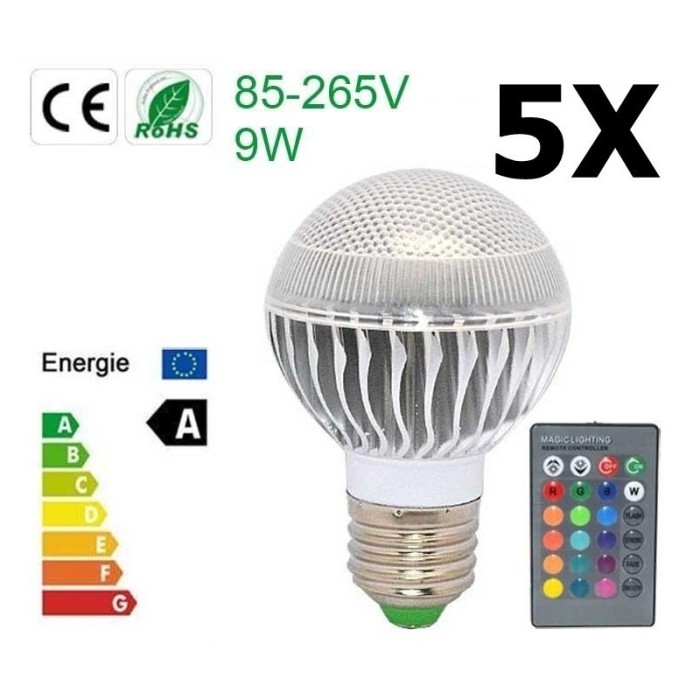 Oferta Bec LED 9W E27 RGB cu telecomanda CG007 Set 5 Bucăți Oferta Bec LED 9W E27 RGB cu telecomanda CG007 Set 5 Bucăți
