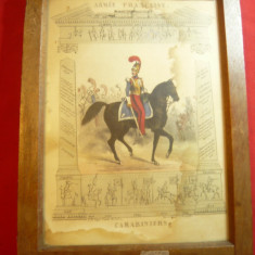 Litografie inramata sec.XIX Armata Franceza ,Rama lemn Eastman Kodak, 15,7x21 cm
