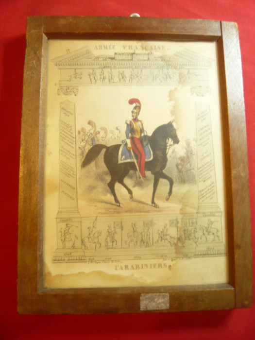 Litografie inramata sec.XIX Armata Franceza ,Rama lemn Eastman Kodak, 15,7x21 cm
