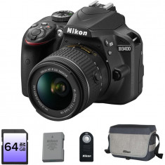 Aparat foto DSLR Nikon D3400, 24,2MP Black + Obiectiv AF-P 18-55 VR + Baterie EN-EL14a + Geanta DSLR + Card 64GB + Telecomanda ML-L3 foto