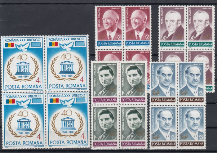 ROMANIA 1986 LP 1169 ANIVERSARI BLOCURI DE 4 TIMBRE MNH