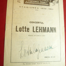 Program Filarmonica -Concertul Lotte Lehmann 1931 cu autograful Sopranei germane