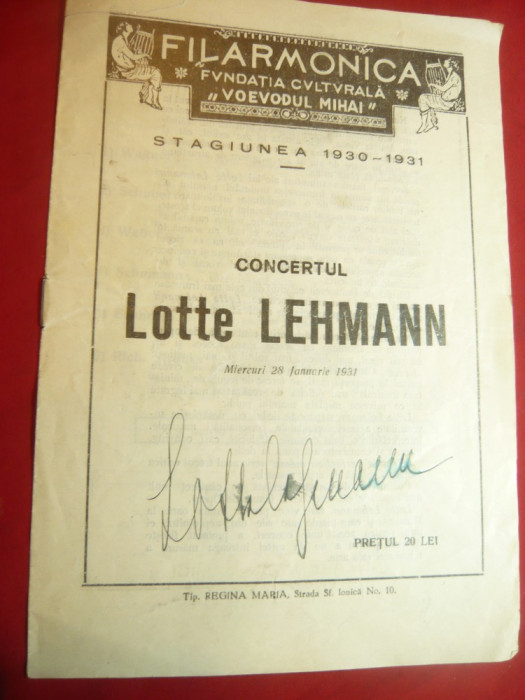 Program Filarmonica -Concertul Lotte Lehmann 1931 cu autograful Sopranei germane