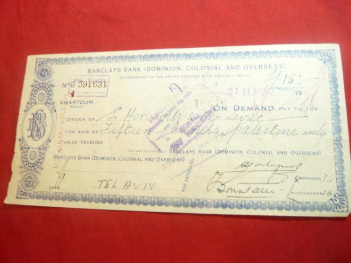 Bilet la Ordin Banca Barclays -Dominion Colonial and Overseas 1947, timbru Pales