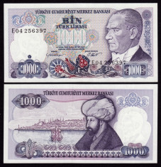 Turcia, 1000 lire 1970 UNC_Ataturk ?i Mahomed al II-lea_serie E04 256397 foto