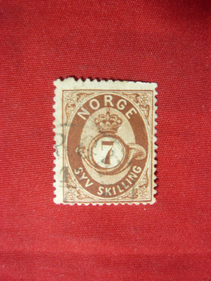 Timbru 7 schilling 1873 Norvegia brun ,stampilat foto