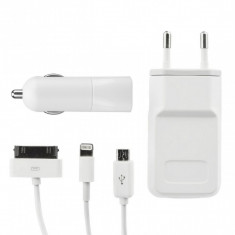 Kit Incarcare 5in1 BlueStar pentru iPhone &amp;amp; iPad Lightning 30Pin MicroUSB 1 Amper Alb foto