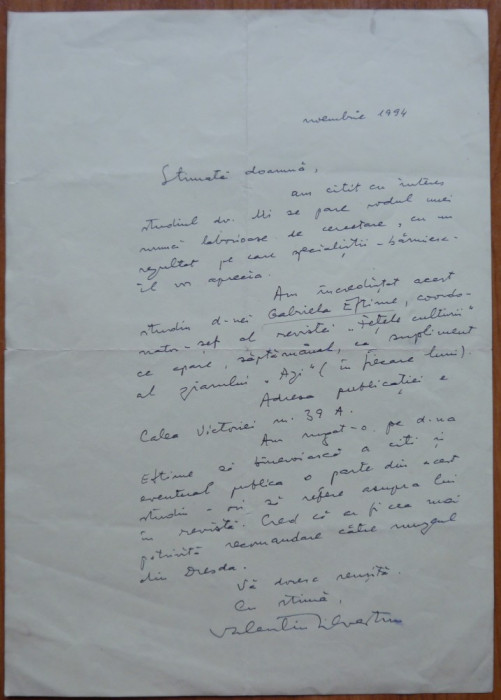 Scrisoare olografa a lui Valentin Silvestru, 1994