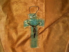 Crucifix Art Deco Modern, Mid Century, sticla Murano, bronz, cadou foto