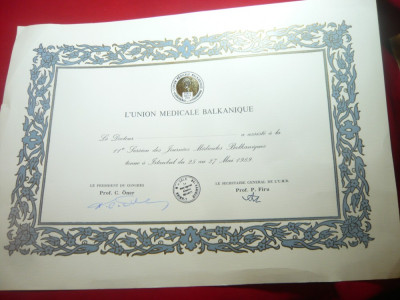 Diploma nedecernata- Uniunea Medicala Balcanica -A 11a Sesiune 1989 foto