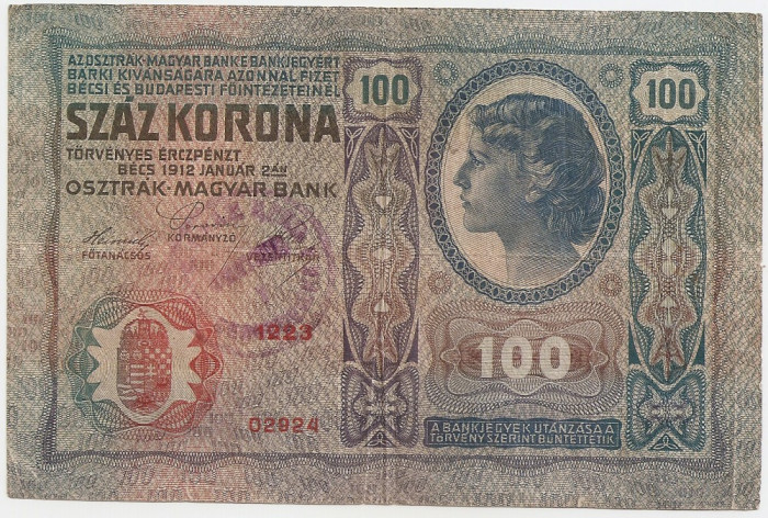 AUSTRIA UNGARIA 100 COROANE KRONEN 1912 STAMPILA REGIONALA VF