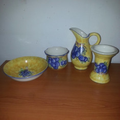 4x Obiecte decorative ceramica galben albastru farfurie ulcior vaza pictate