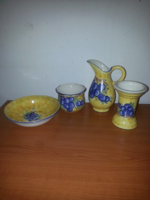 4x Obiecte decorative ceramica galben albastru farfurie ulcior vaza pictate foto