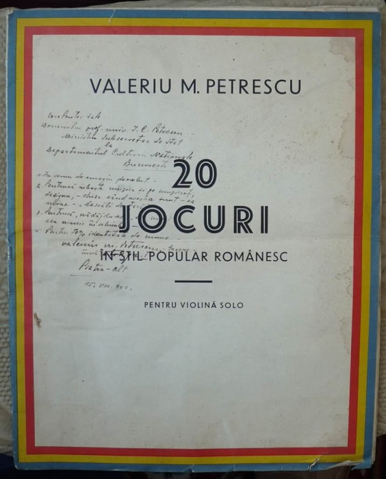 Valeriu M. Petrescu , 20 jocuri , partitura , autograf amplu , 1942