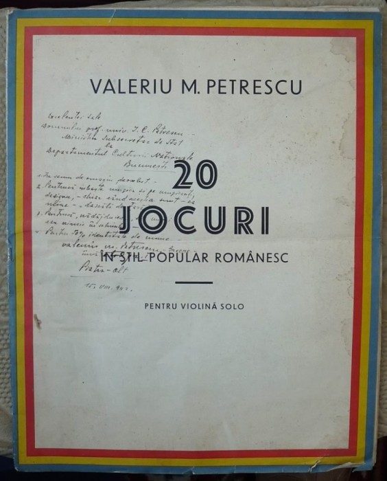 Valeriu M. Petrescu, 20 jocuri populare, partitura, autograf, Piatra Olt, 1942