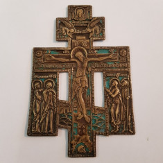 CRUCIFIX-CRUCE DIN BRONZ RUSEASCA DECORATA CU EMAIL -RUSIA-SECOL 19 foto